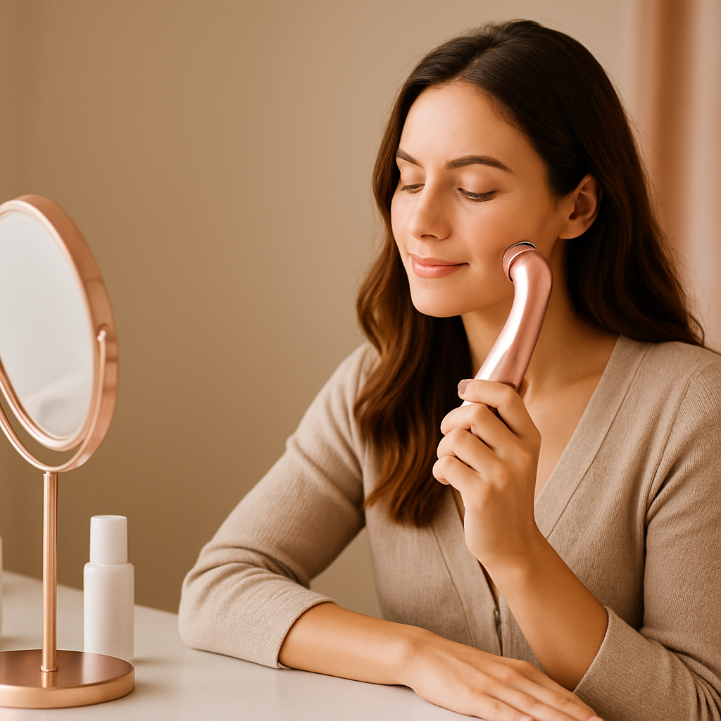 Mujer usando un dispositivo de belleza en casa